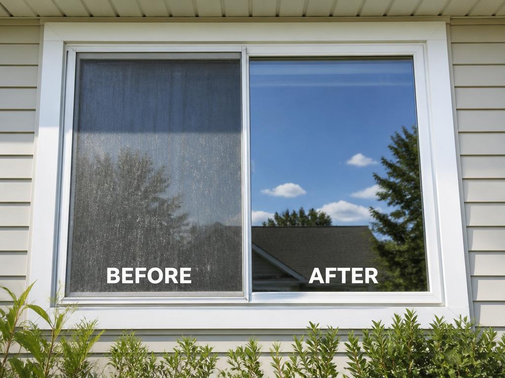 Before and after window cleaning — dirty glass transformed to crystal clear